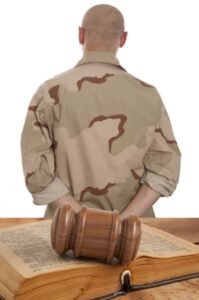 A soldier in a courtroom, isolated on a white background.